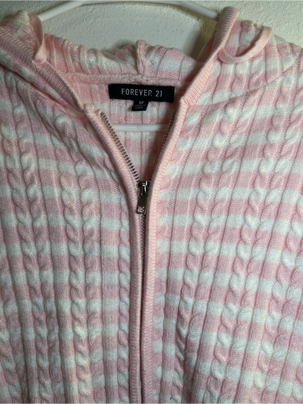 Forever 21 Pink and White Striped Ribbed Hooded Zip-Up Sweater - Picture 2 of 3